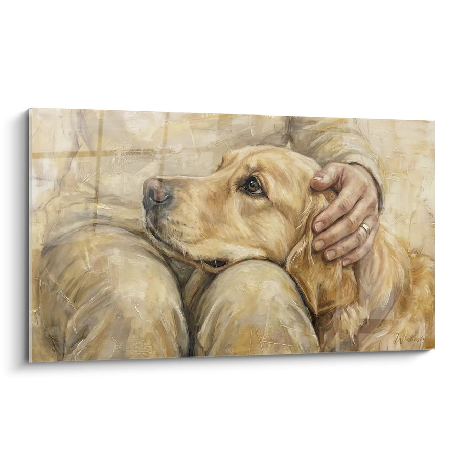 Tableau Tendresse entre Maître et Golden Retriever aux Tons Dorés - Complicité Canine - Edition Tableau Golden Retriever