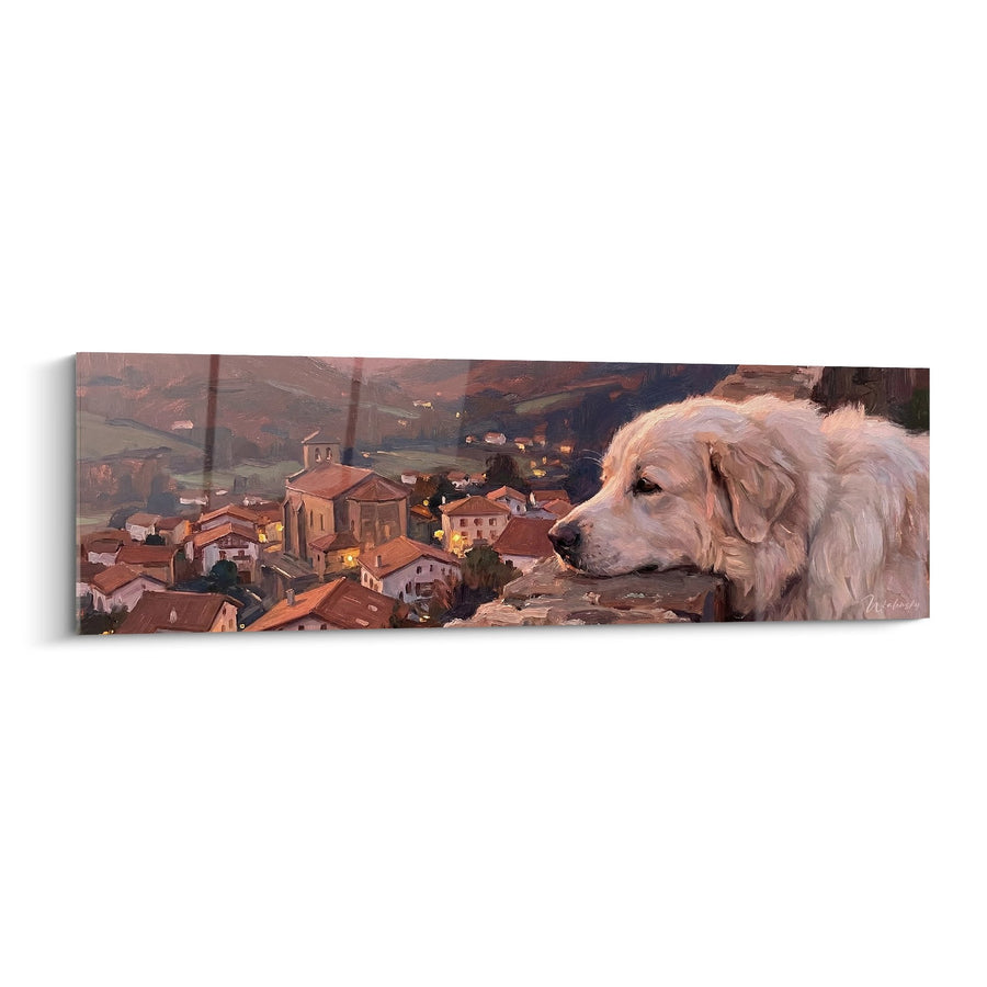Tableau Chien Golden Retriever Contemplant un Village Pyrénéen - Regard Contemplatif - Edition Montagne des Pyrénées