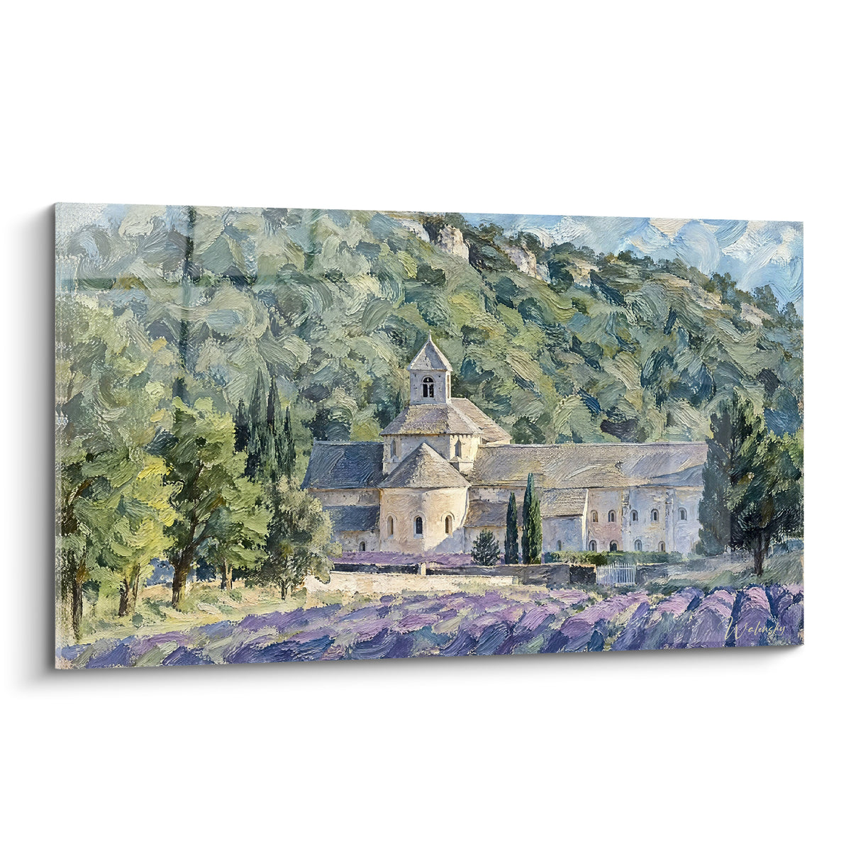 Abbaye provençale beige entourée de cyprès verts et de champs de lavande violette peints en relief