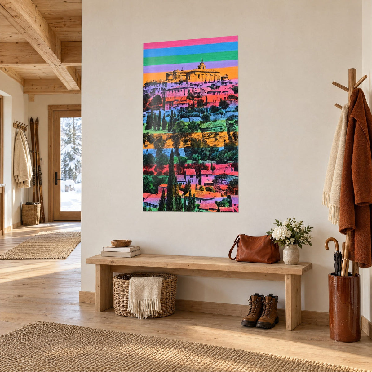 Πίνακας Gordes σε στυλ pop art με μωβ προσόψεις και πορτοκαλί κεραμίδια, πράσινα κυπαρίσσια, τοποθετημένος σε τρίτο προφίλ στην είσοδο