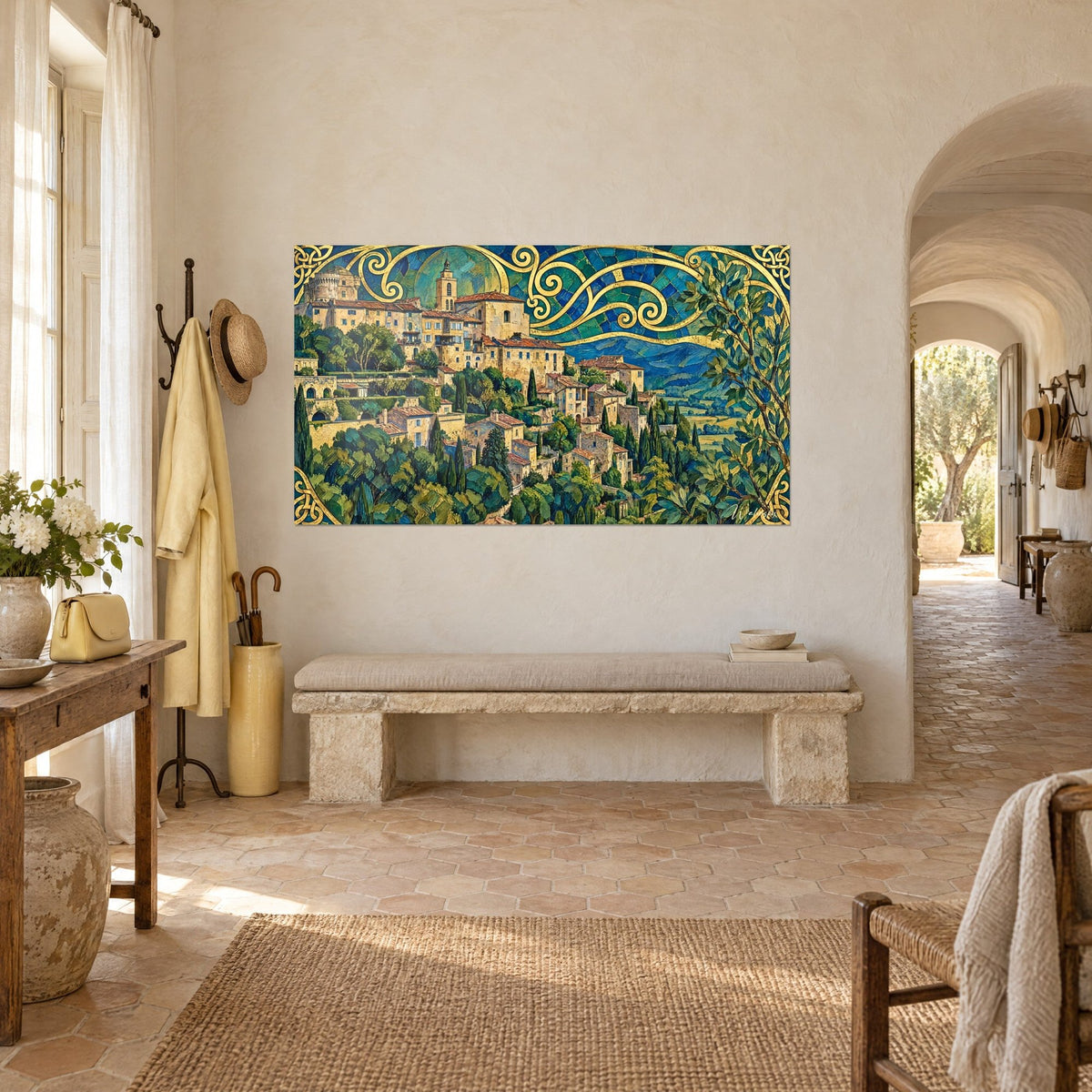 Schilderij Gordes met rode dakpannen tussen groene cipressen, gouden krullen aan de hemel, driekwartzicht op een crèmekleurige muur