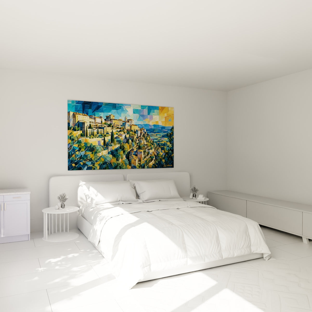 Collines dorées et ciel bleu fragmenté du village de Gordes, au-dessus d'un lit dans une chambre claire