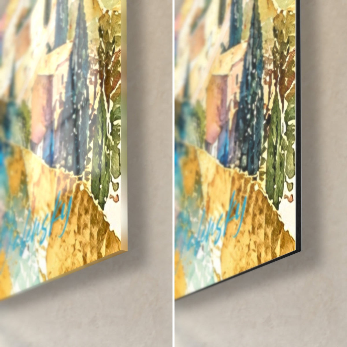 Wall art Gordes in golden fragments, green and blue cypresses, bottom right corner in glossy reflective glass and matte Dibond aluminium, 3 mm thick