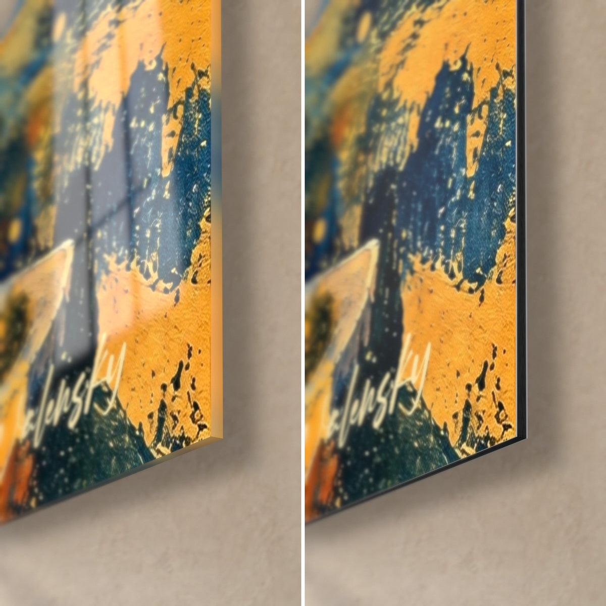 Wall art Provençal hamlet in ochre and deep blue, bottom right corner: glossy acrylic glass on the left, matte Dibond aluminum on the right, 3 mm thickness