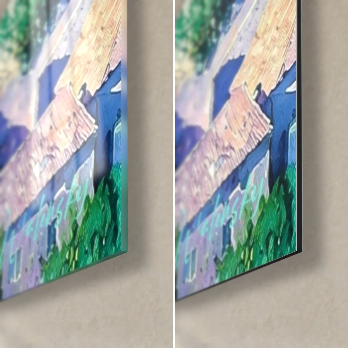 Schilderij gehucht Gordes met roze daken en groen gebladerte, rechtsonder hoek: glanzend acrylglas links, mat Dibond rechts