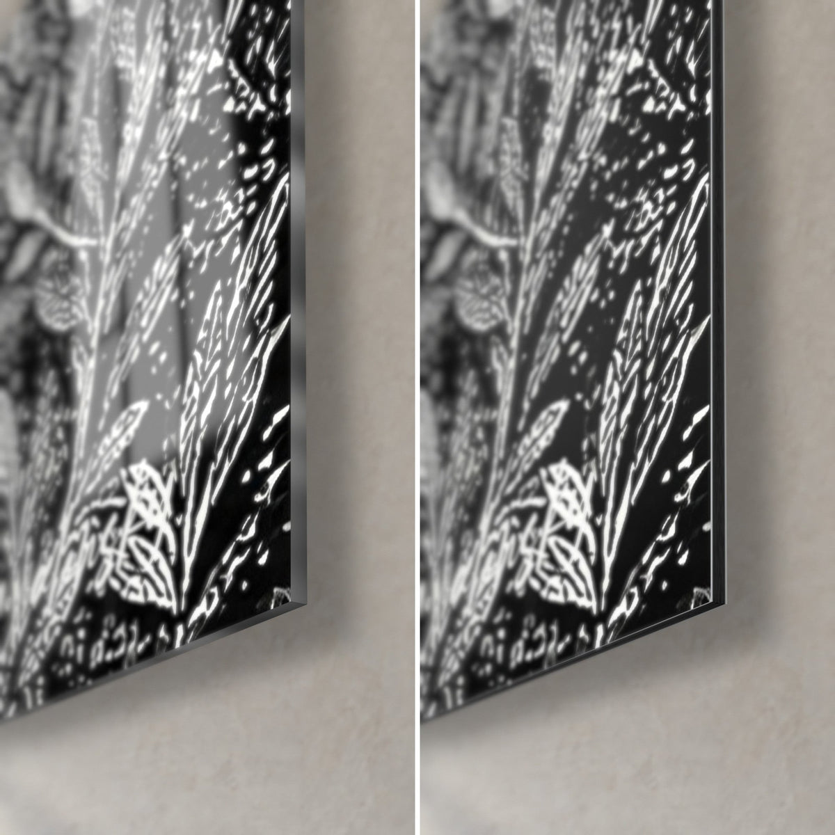 Wall art olive branches in stippled dots, bottom right corner: glossy black and silver acrylic glass, matte grey Dibond