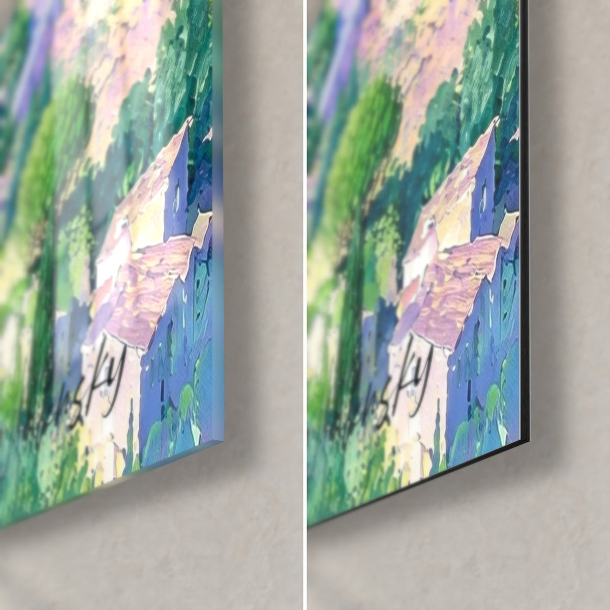 Wall art Provençal hamlet with pale pink rooftops, bottom right corner in glossy glass and matte Dibond, 3 mm black edge, green foliage