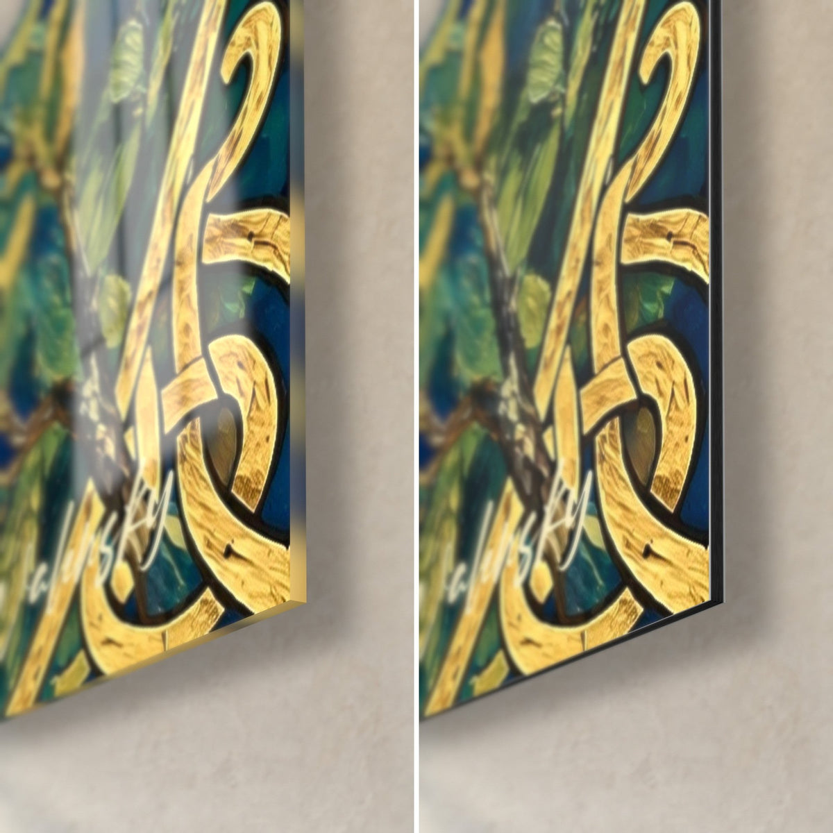 Schilderij hooggelegen stadje met gouden vlechtwerk en groen olijfblad, rechtsonder hoek van glanzend glas en mat Dibond, rand van 3 mm