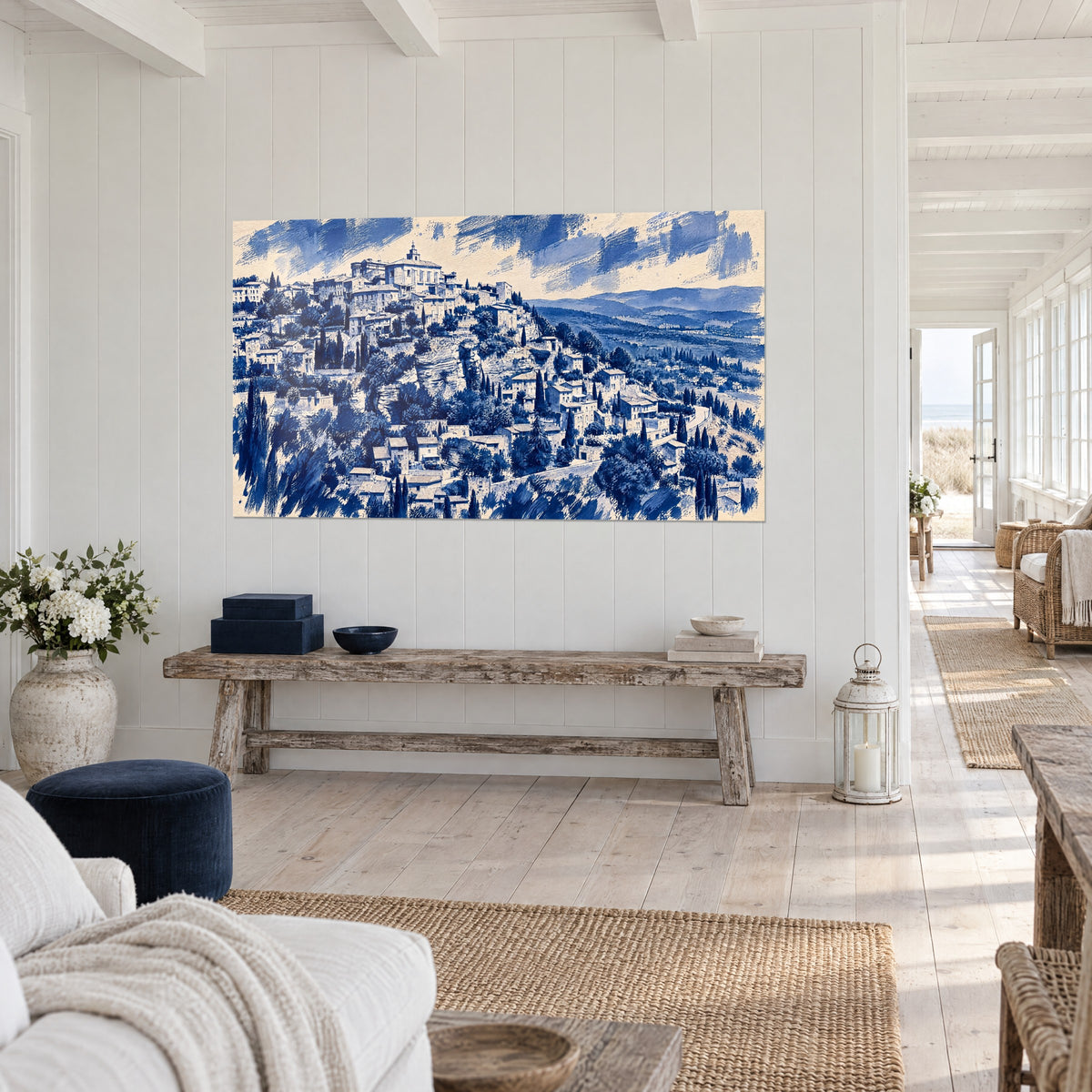 Schilderij Gordes op zijn heuvel, ivoorkleurige daken en indigoblauwe cipressen, driekwart zicht op een witte muur van een strandhuis