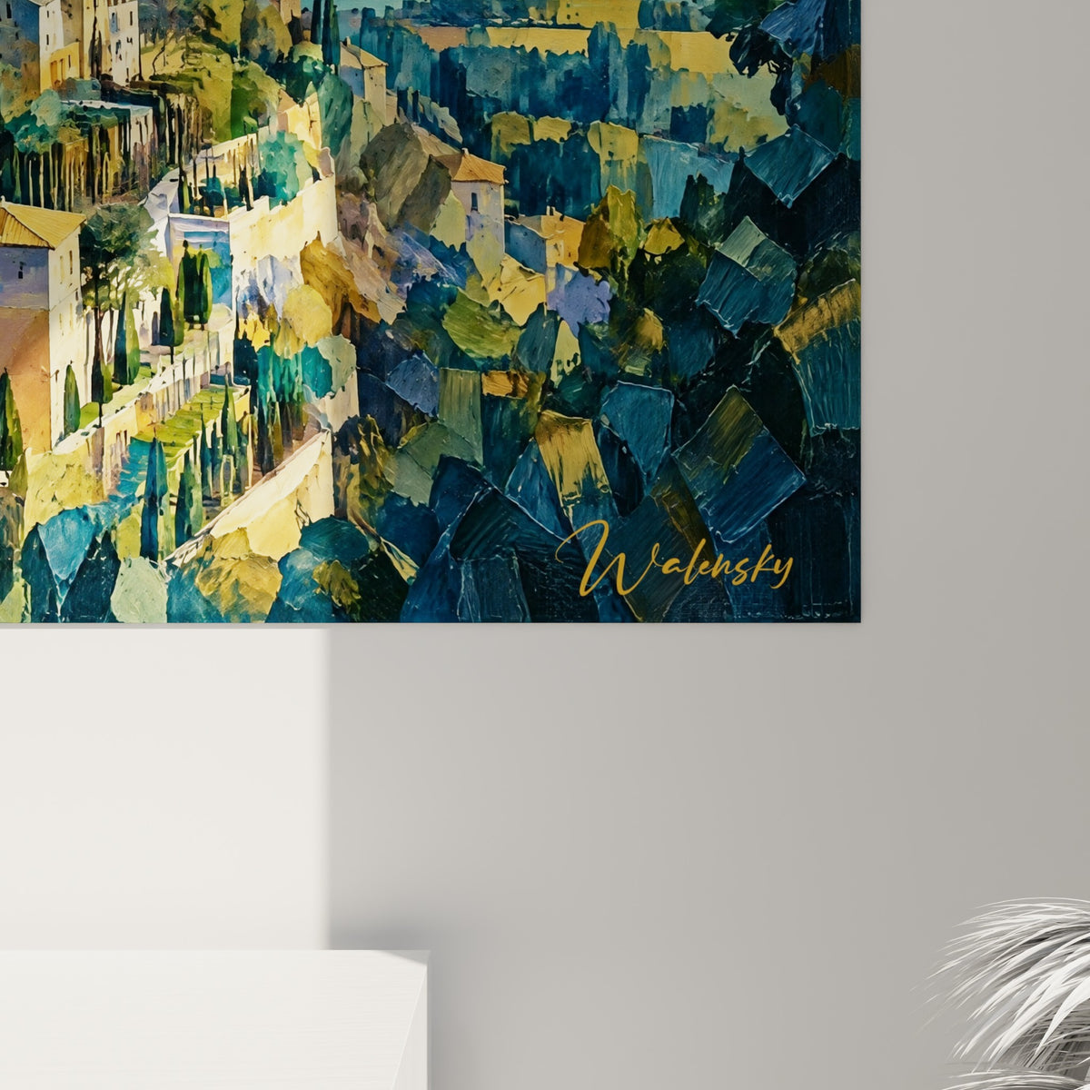 Facettes picturales bleu turquoise et jaune ambré du ciel de Gordes, empâtements visibles en gros plan
