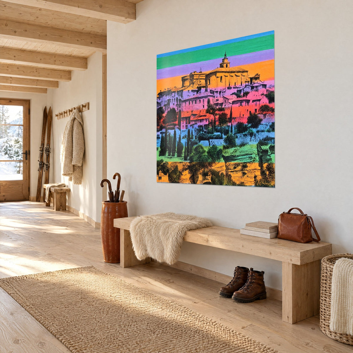 Cuadro Gordes en estilo pop art, campanario dominando casas de piedra en tonos naranjas y azulados, vista de tres cuartos en una entrada de madera clara