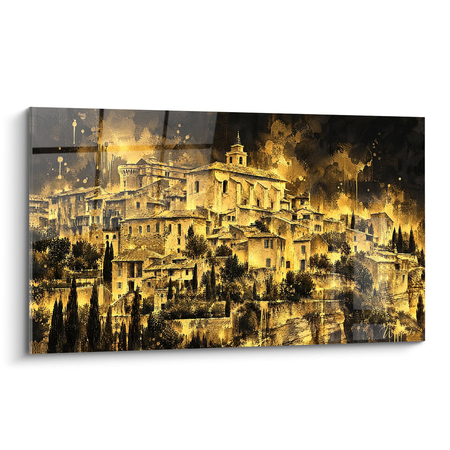 Tableau Village perché doré et noir - Lueurs nocturnes - Edition Gordes Provence-Alpes-Côte d'Azur France