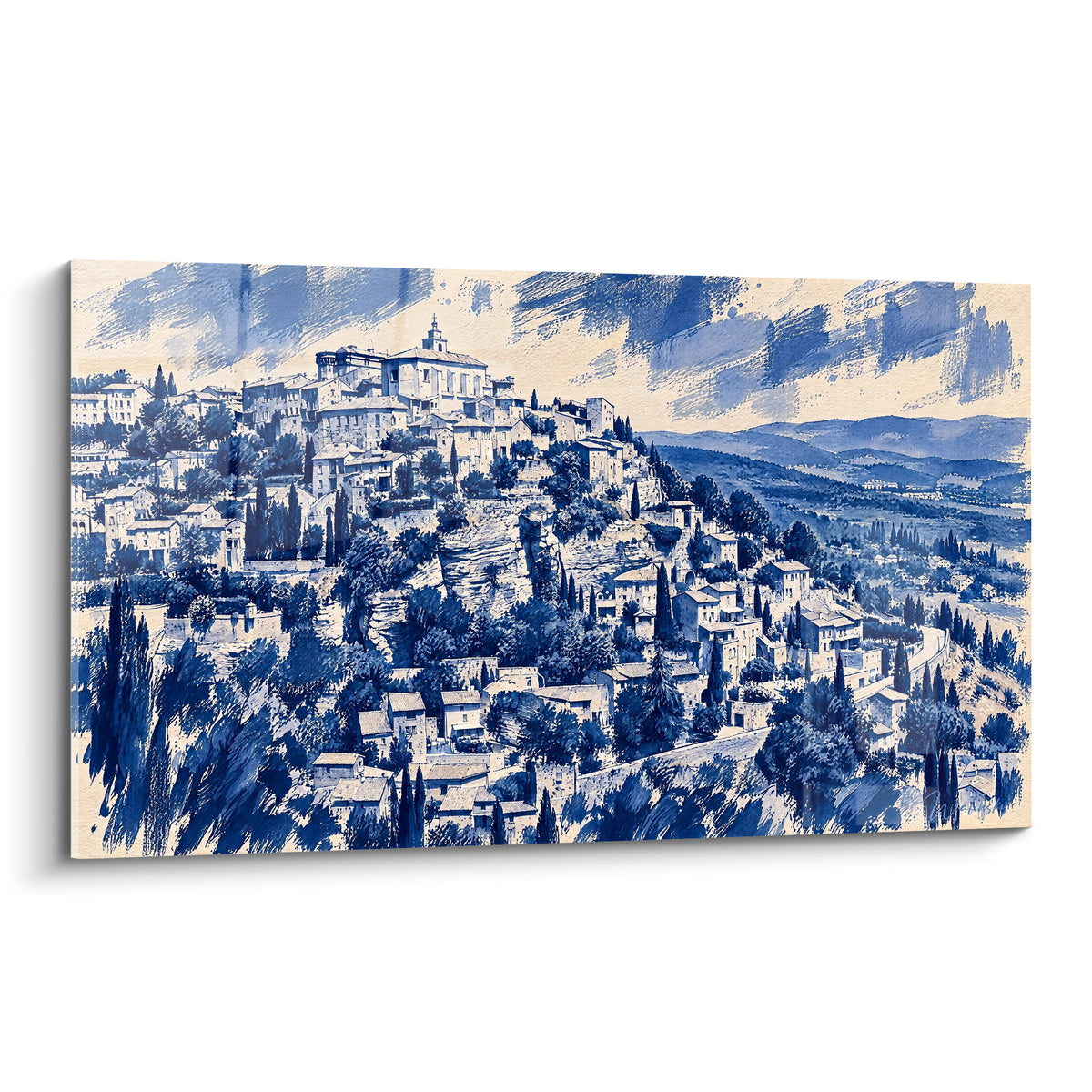 Village perché de Gordes en bleu marine et ivoire, maisons serrées sur une colline boisée
