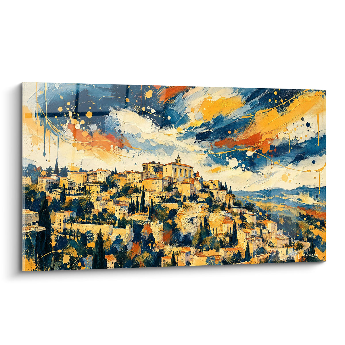 Wall art Gordes hilltop village in navy blue and ochre, sky splashed with orange and gold paint