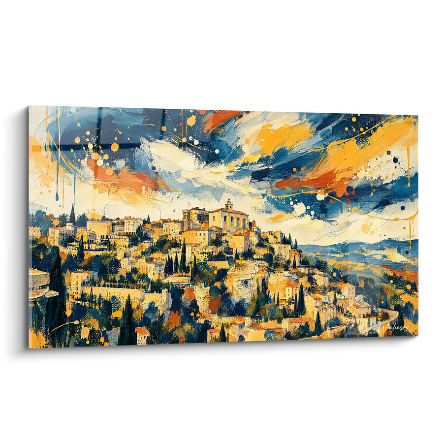 Tableau Village perché bleu ocre et éclaboussures - Ciel en effervescence - Edition Gordes Provence-Alpes-Côte d'Azur France