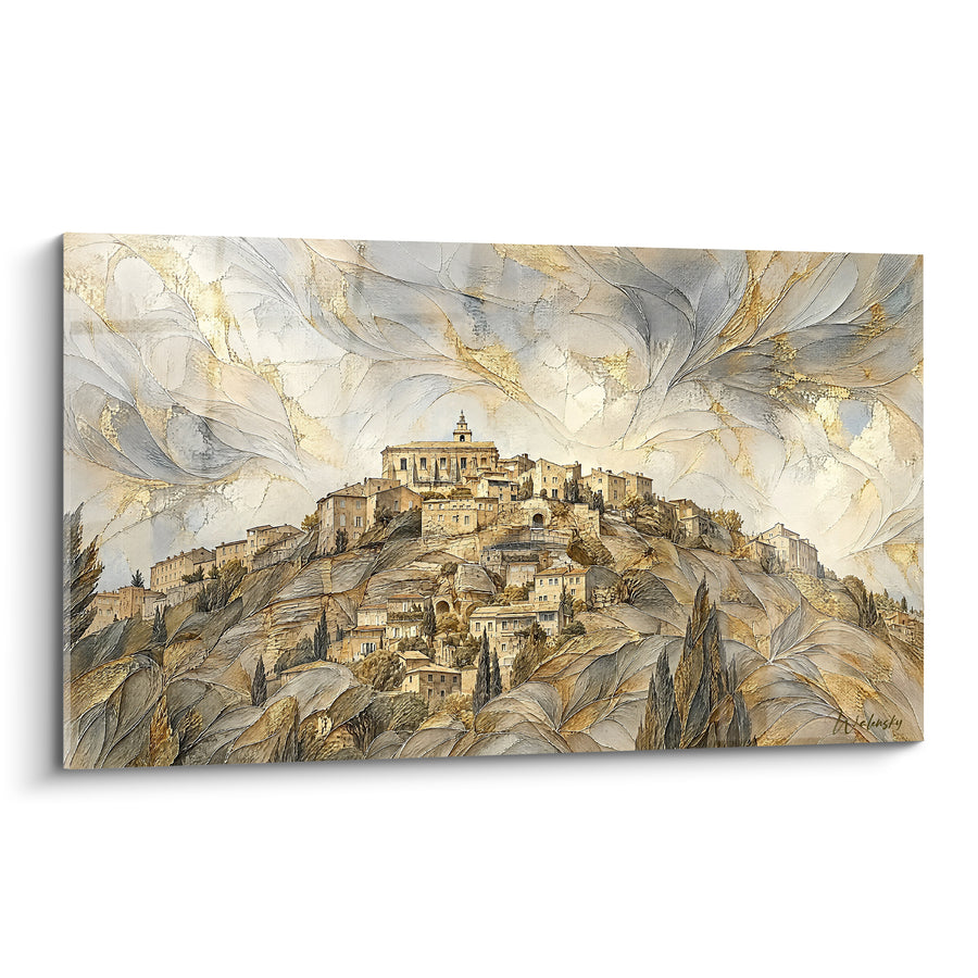 Tableau Village perché doré et gris tourbillonnant - Vent sur la colline - Edition Gordes Provence-Alpes-Côte d'Azur France
