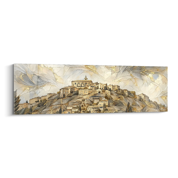 Golden and Silver Perched Village on a Hill Painting - Perched Reverie - Edition Gordes Provence-Alpes-Côte d'Azur France