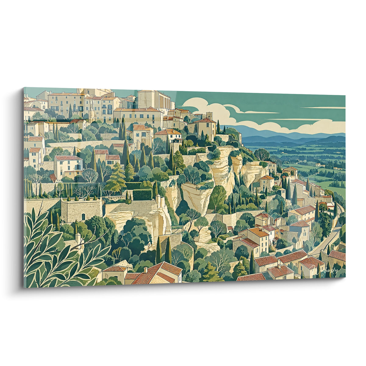 Quadro borgo di Gordes arroccato su una falesia beige, tetti in cotto e fitta vegetazione verde oliva