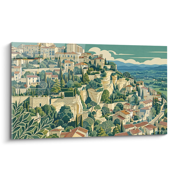 Tableau Village perché pierre beige et vert olive - Refuge sur les hauteurs - Edition Gordes Provence-Alpes-Côte d'Azur France