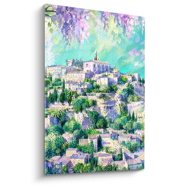 Tableau Village perché beige vert et glycines mauves - Printemps en hauteur - Edition Gordes Provence-Alpes-Côte d'Azur France