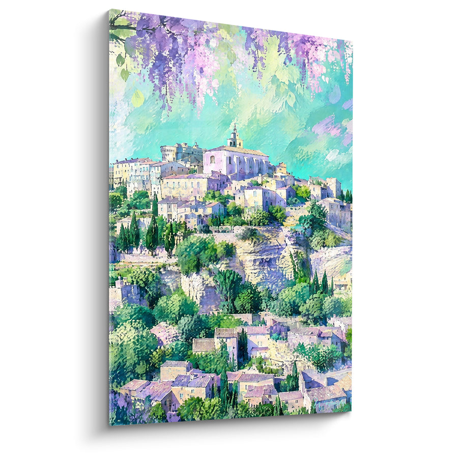 Tableau Village perché beige vert et glycines mauves - Printemps en hauteur - Edition Gordes Provence-Alpes-Côte d'Azur France