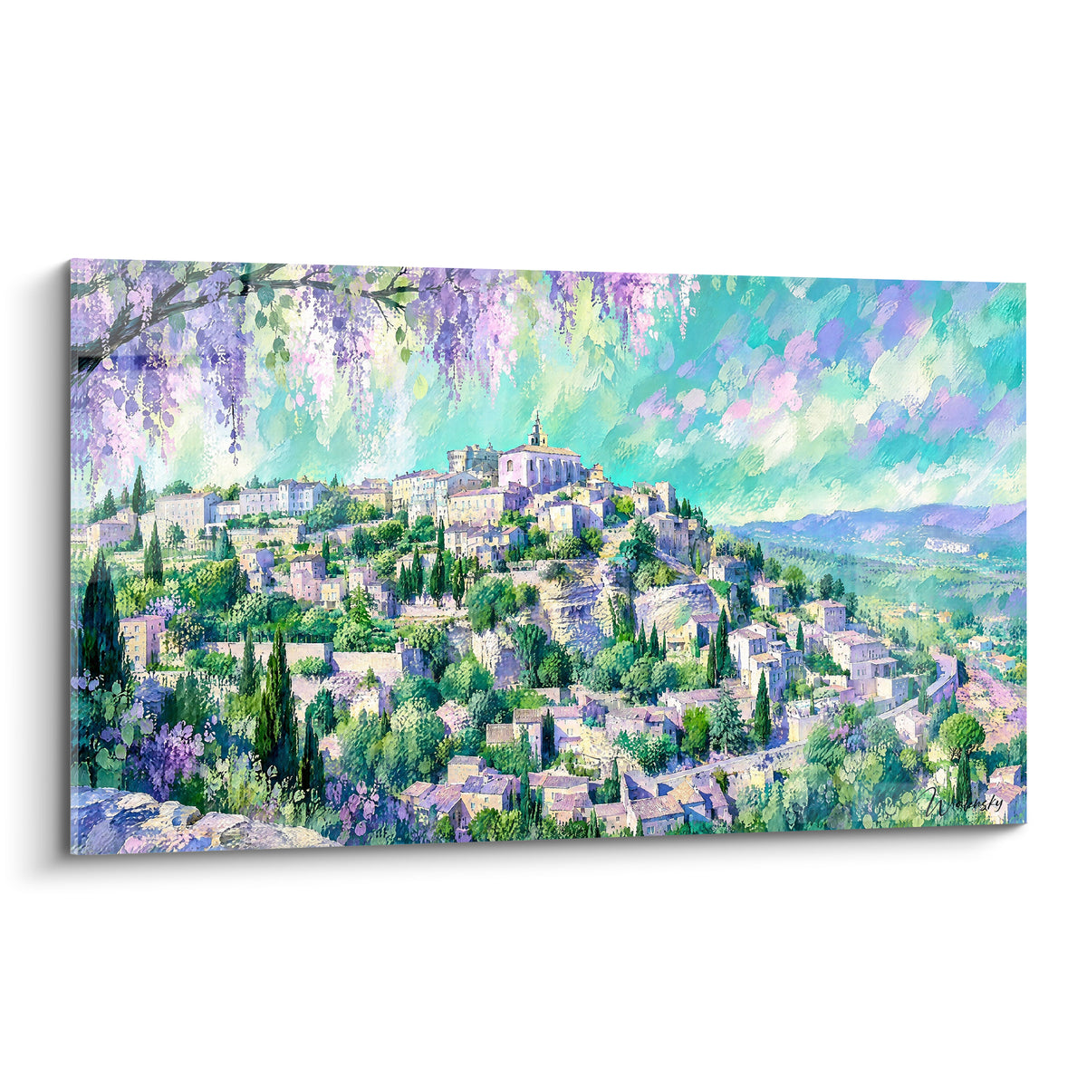 Wall art beige and turquoise hilltop village framed by violet wisteria, impressionist-style brushstroke painting.