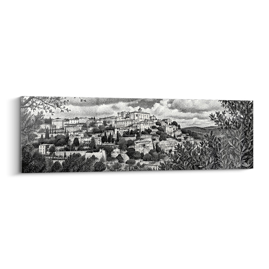 Tableau Village perché noir et blanc gravure pointilliste au feuillage encadrant - Branches de premier plan - Edition Gordes Provence-Alpes-Côte d'Azur France