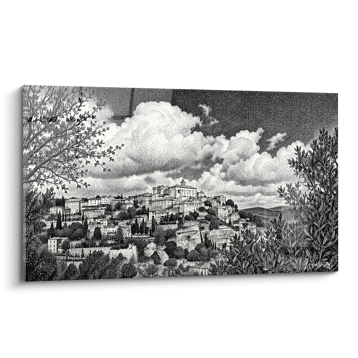 Wall art village of Gordes engraved in black and anthracite, a white cloud dominating a dense sky of dots