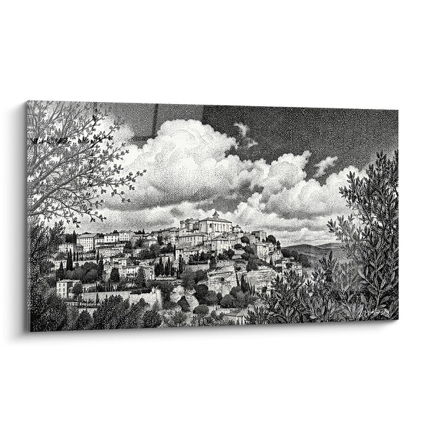 Black and White Perched Village Painting Pointillism - Silence Before the Storm - Gordes Edition Provence-Alpes-Côte d'Azur France