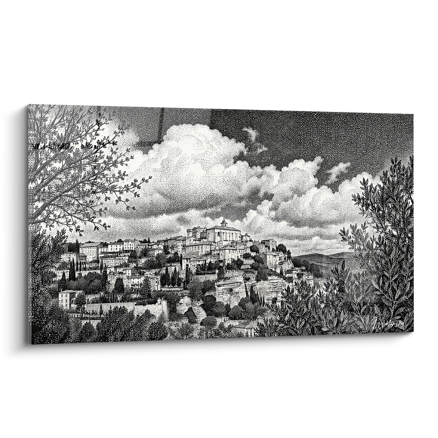 Tableau Village perché noir et blanc pointillisme - Silence avant l'orage - Edition Gordes Provence-Alpes-Côte d'Azur France