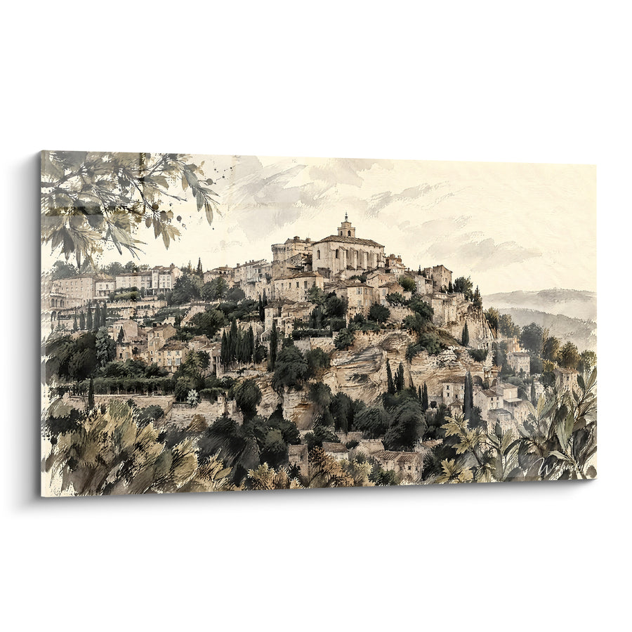 Tableau Village perché ocre et vert olivier - Silence perché - Edition Gordes Provence-Alpes-Côte d'Azur France