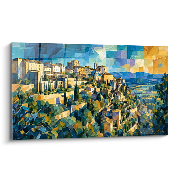 Tableau Village perché beige et bleu ciel fragmenté - Mosaïque géométrique sur la crête - Edition Gordes Provence-Alpes-Côte d'Azur France