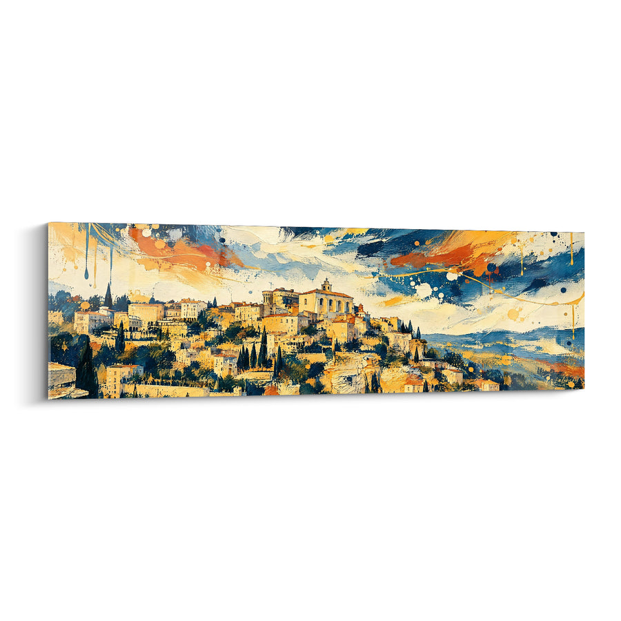 Tableau Village perché doré et bleu aux éclaboussures de peinture - Église au clocher central - Edition Gordes Provence-Alpes-Côte d'Azur France