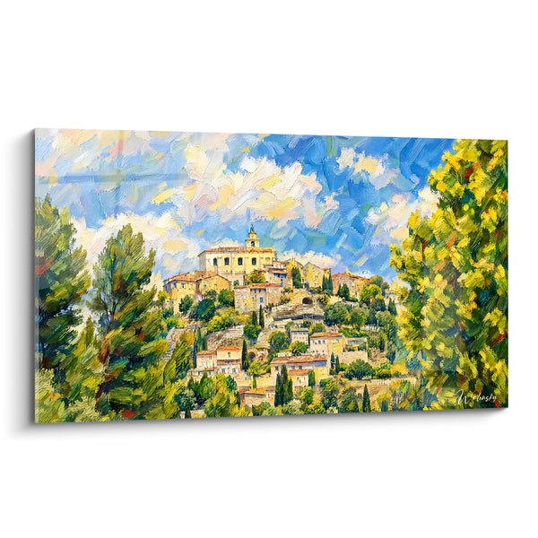 Tableau Village perché jaune et bleu sous nuages tourbillonnants - Clocher dominant la pente - Edition Gordes Provence-Alpes-Côte d'Azur France