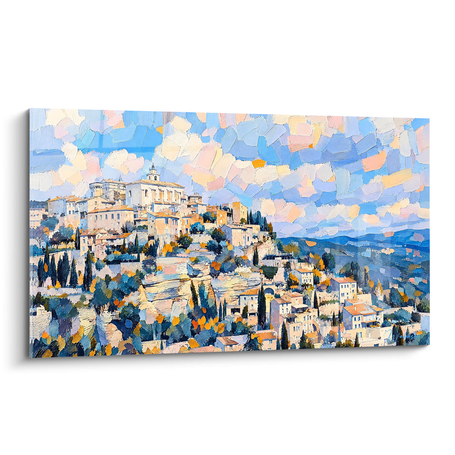 Tableau Village perché ocre et bleu provençal - Lumière du soir - Edition Gordes Provence-Alpes-Côte d'Azur France
