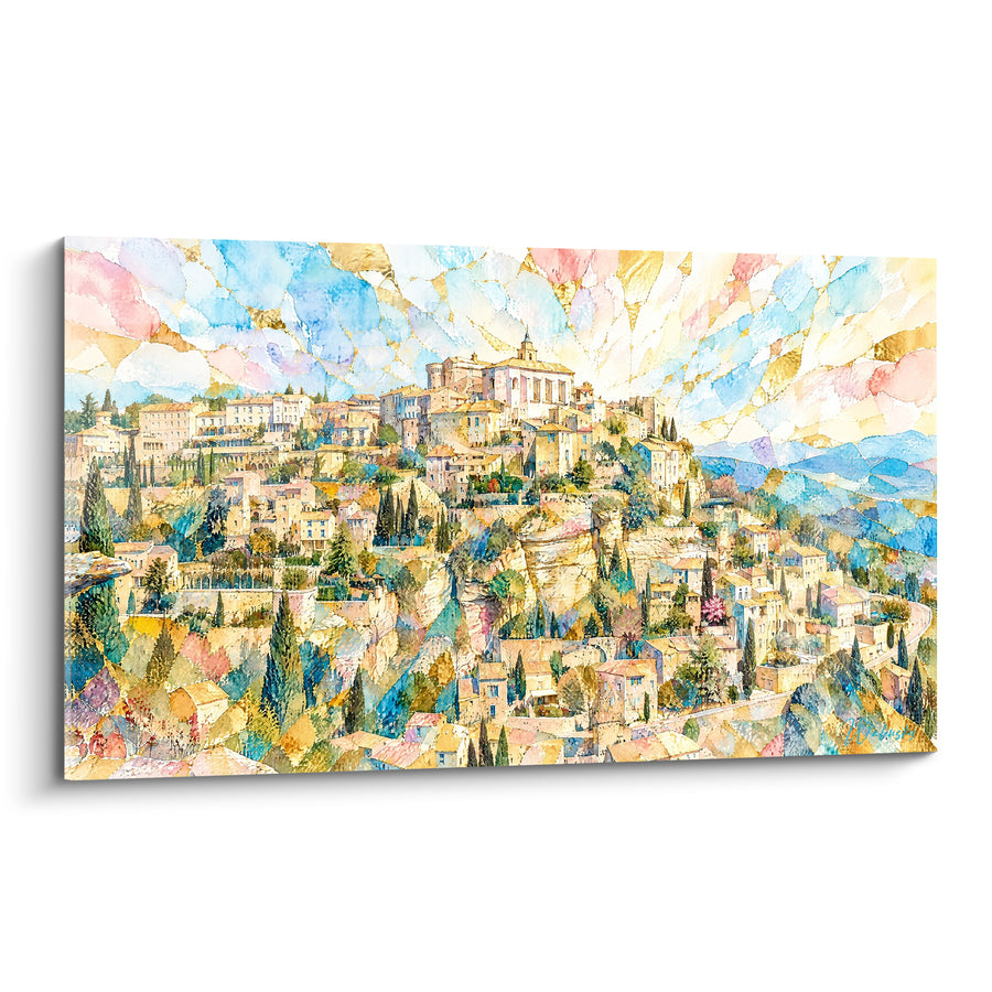 Tableau Village perché doré et rose éclaté en fragments - Ciel en vitrail - Edition Gordes Provence-Alpes-Côte d'Azur France