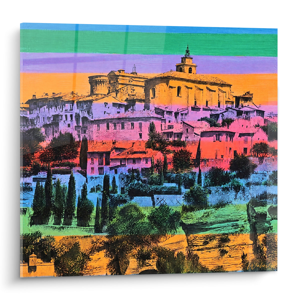 Cuadro pueblo de Gordes grabado en naranja y violeta, franjas de colores vivos que atraviesan toda la obra