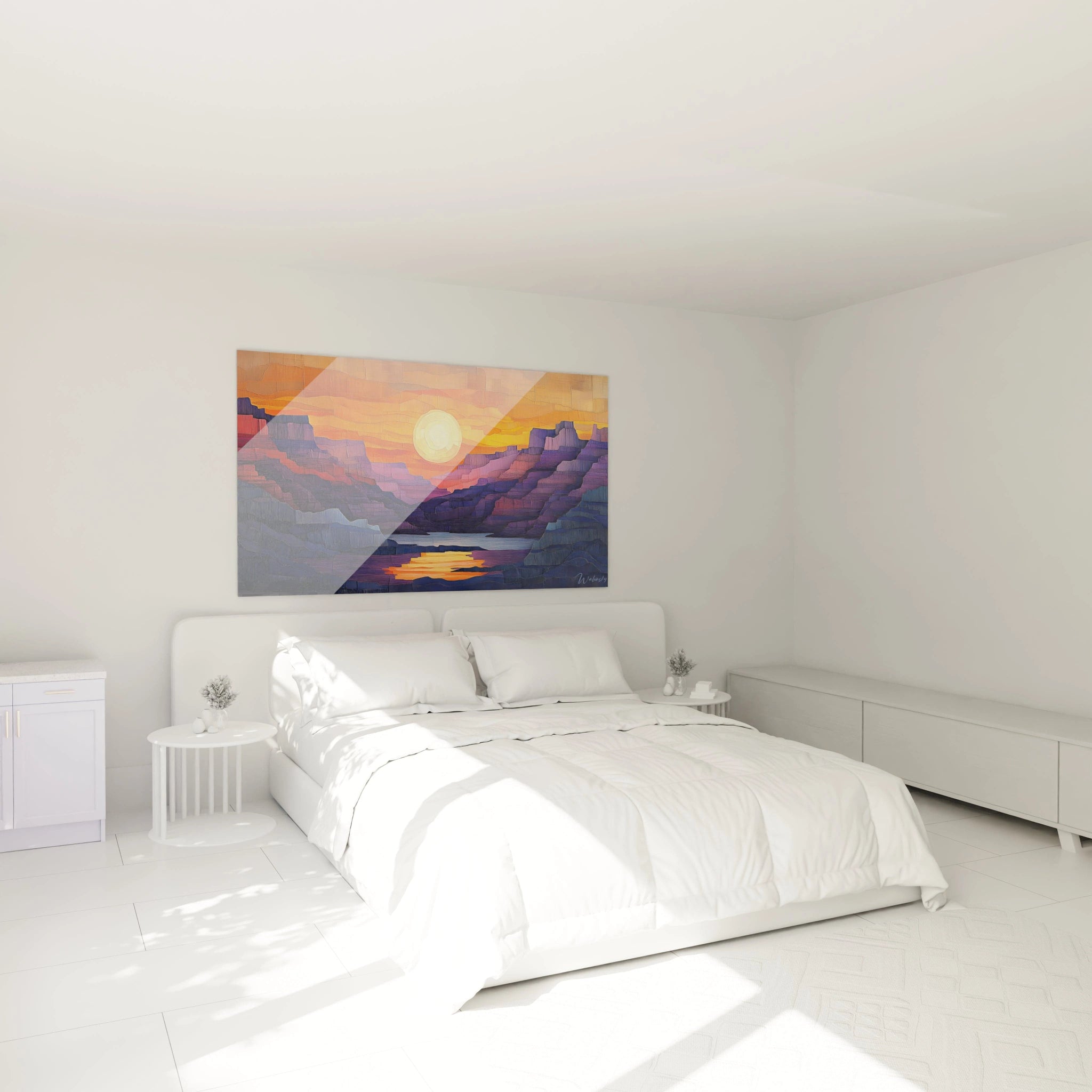 Composition artistique montrant un canyon au crépuscule, soleil circulaire central en jaune orangé, falaises géométriques violettes et bleues, rivière reflétant lumière dorée, effet de relief prononcé
