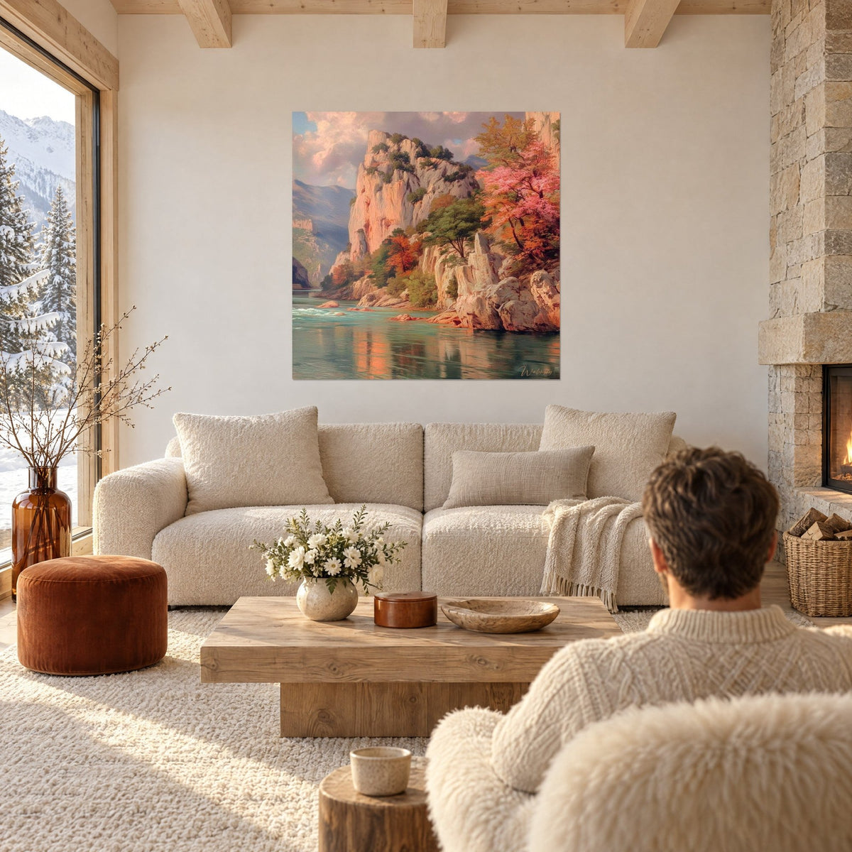 Tableau falaise calcaire rose dominant un lac turquoise, érables pourpres et orangés, au-dessus d'un canapé dans un salon lumineux