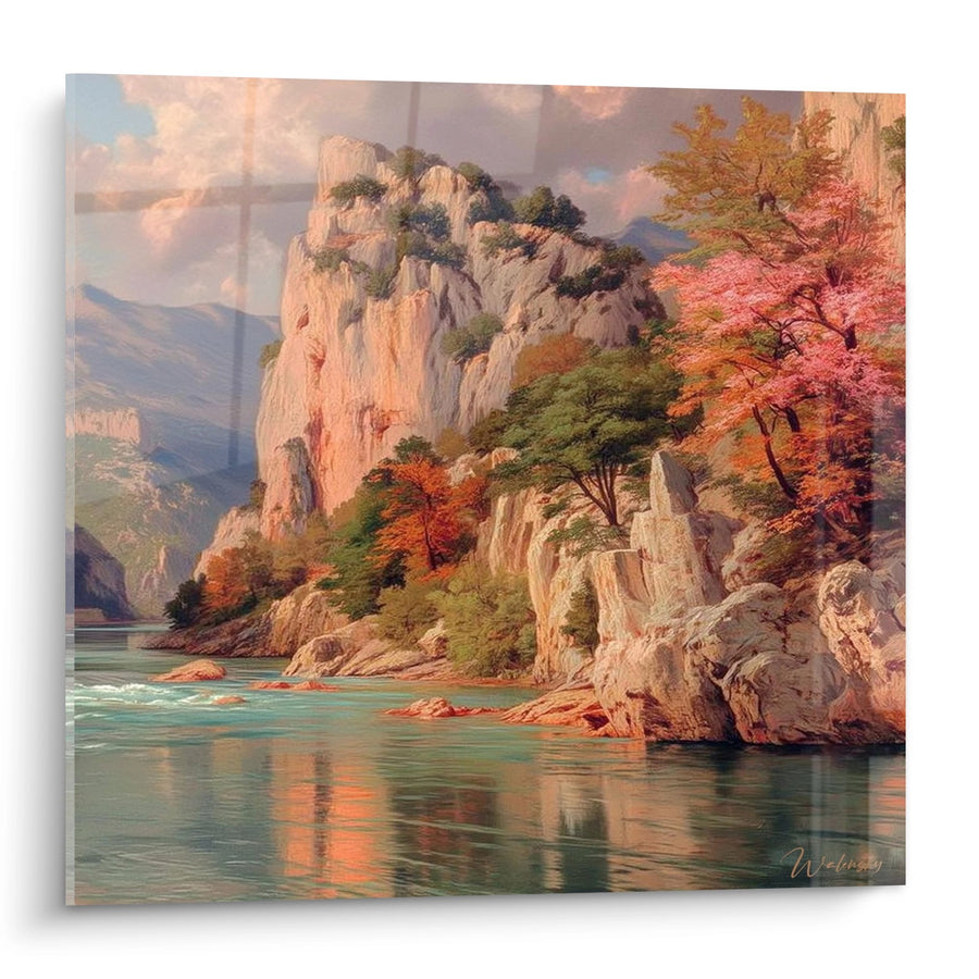 Tableau gorges majestueuses automne - Reflets dorés sur eau turquoise - édition Gorges et canyons