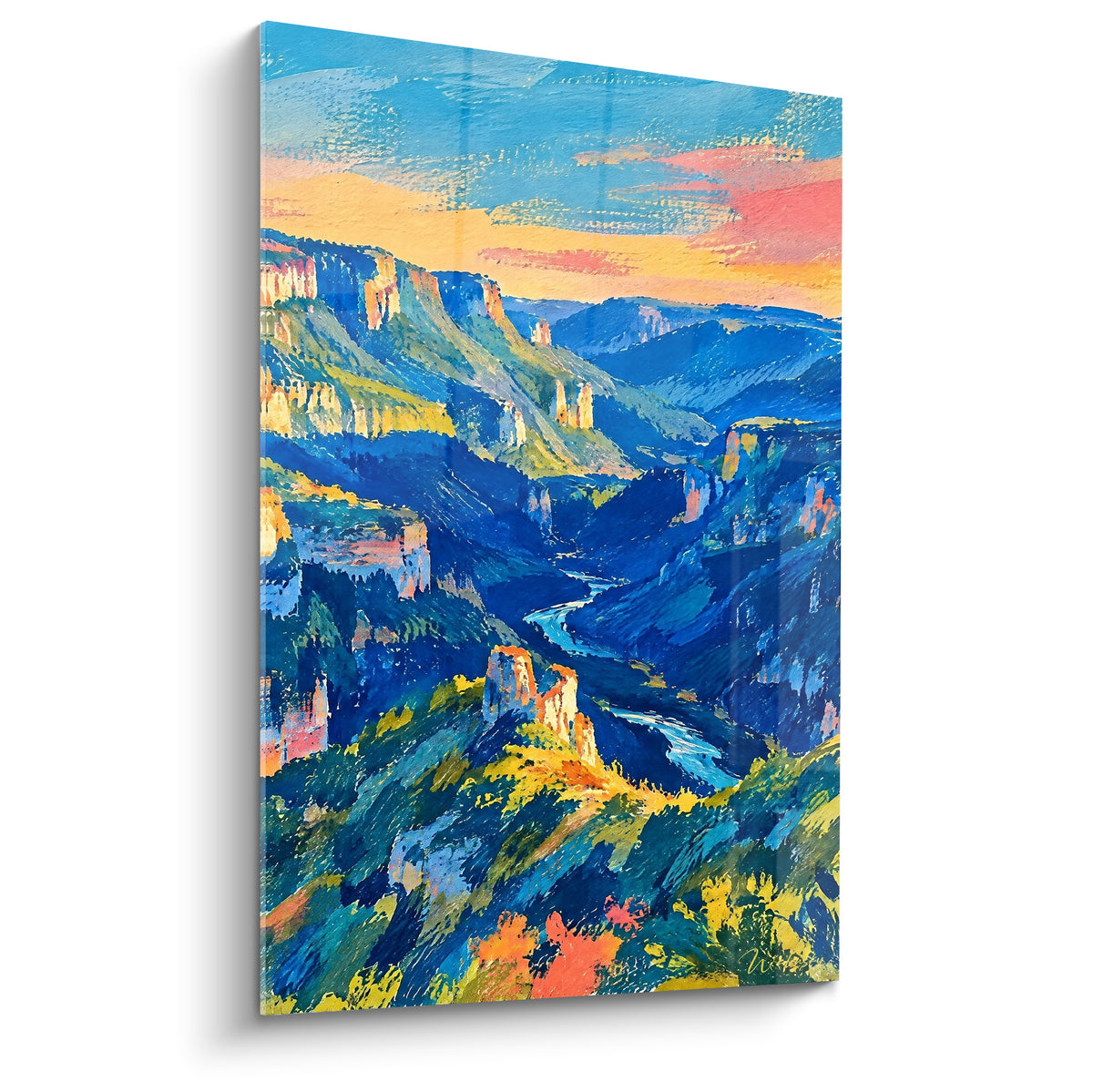 Gemälde Canyon in Marineblau und ockerfarbenen Felsen unter orangefarbenem Himmel, türkisfarbener Fluss, der sich durch das Tal schlängelt