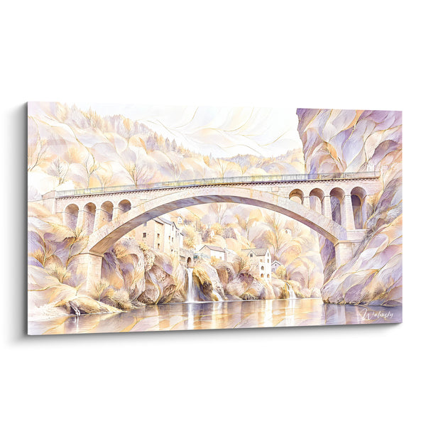 Tableau Pont en pierre doré et mauve sur rivière - Passage hors du temps - Edition Gorges du Tarn Occitanie France