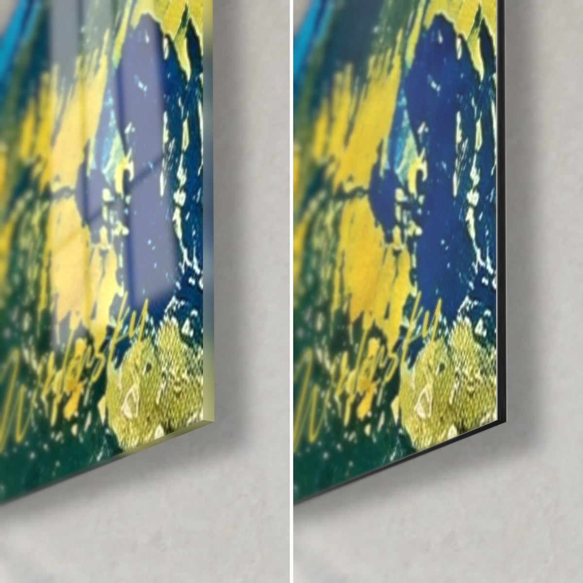 Gemälde Felsen der Tarn-Schlucht, untere rechte Ecke aus glänzendem Glas mit Reflexen und mattem Dibond, zitronengelb und nachtblau, 3 mm Kante