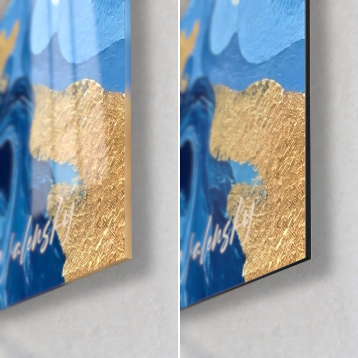 Quadro di gola vorticosa in blu reale e oro, angolo in basso a destra: vetro acrilico lucido a sinistra, Dibond opaco a destra, spessore del bordo 3 mm