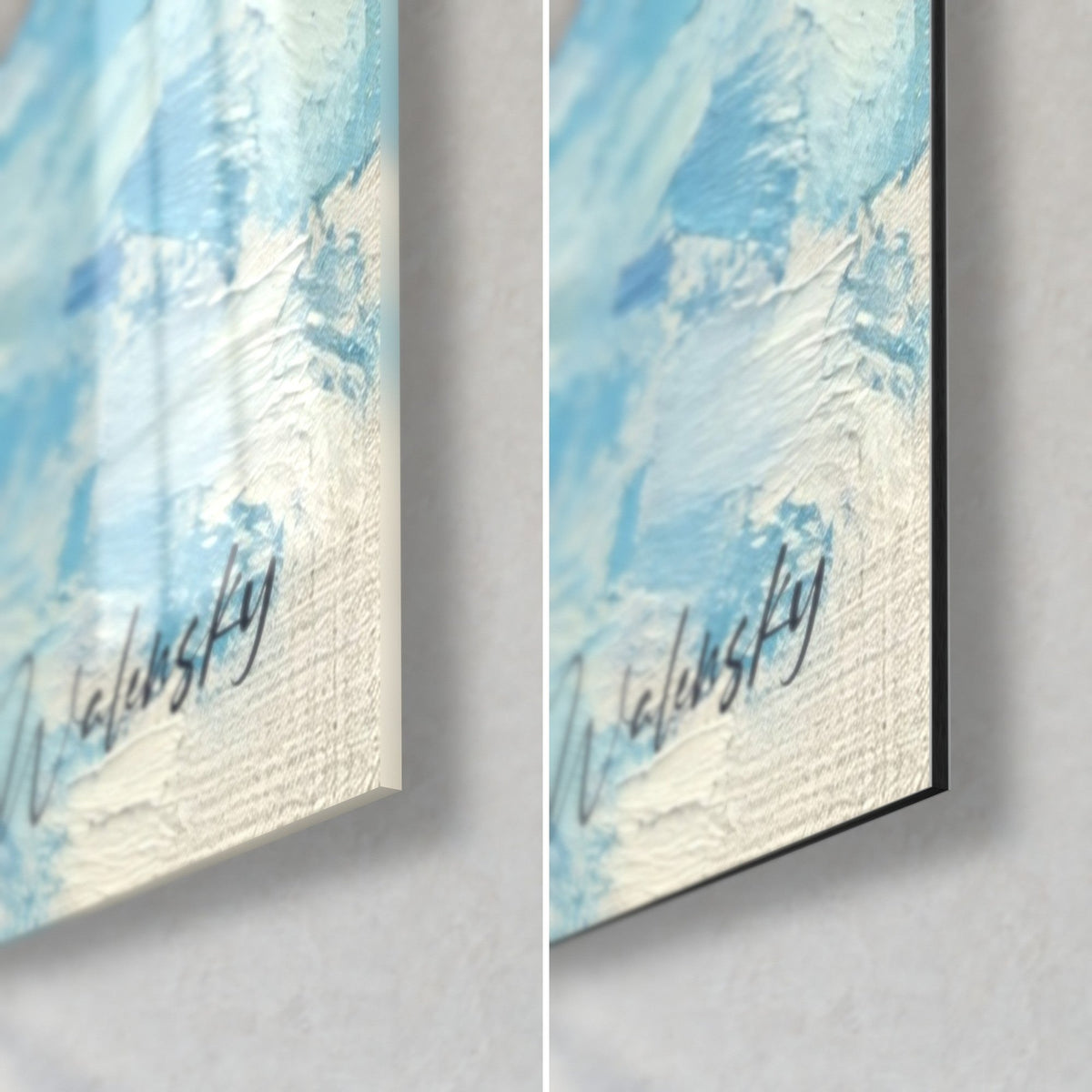 Gemälde einsamer Schwimmer auf türkisfarbenem Wasser, unten rechts, Wirkung von glänzendem Acrylglas und mattem Alu-Dibond, 3 mm Stärke