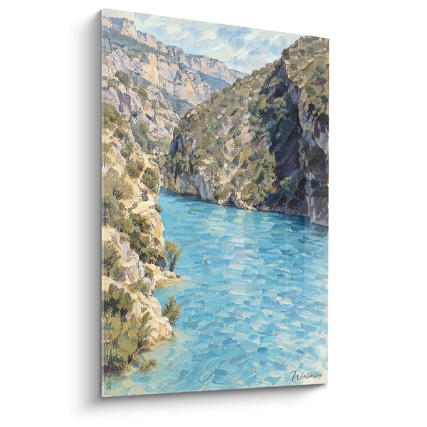 Gemälde Einsamer Schwimmer zwischen blauen und beigen Felswänden - Isolierte Silhouette im Wasser - Edition Gorges du Verdon Provence-Alpes-Côte d'Azur Frankreich