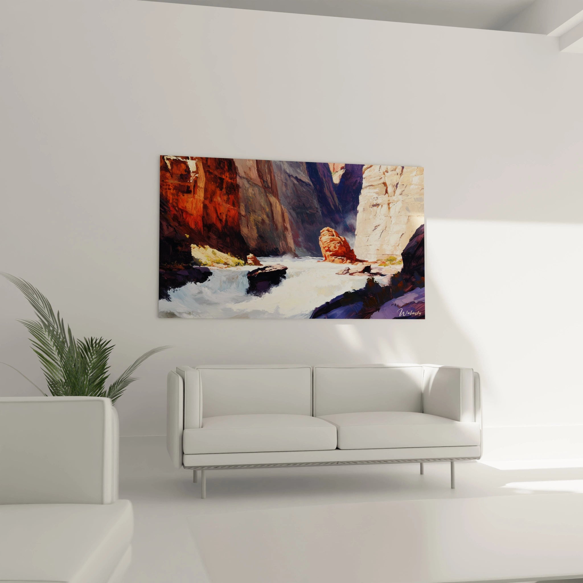 Un tableau canyon sauvage montrant des eaux bouillonnantes blanches s'écoulant entre des murailles rocheuses aux teintes chaudes orangées et ocre, avec des formations pierreuses sculptées par l'érosion et des jeux d'ombre et de lumière créant une profondeur dramatique.
