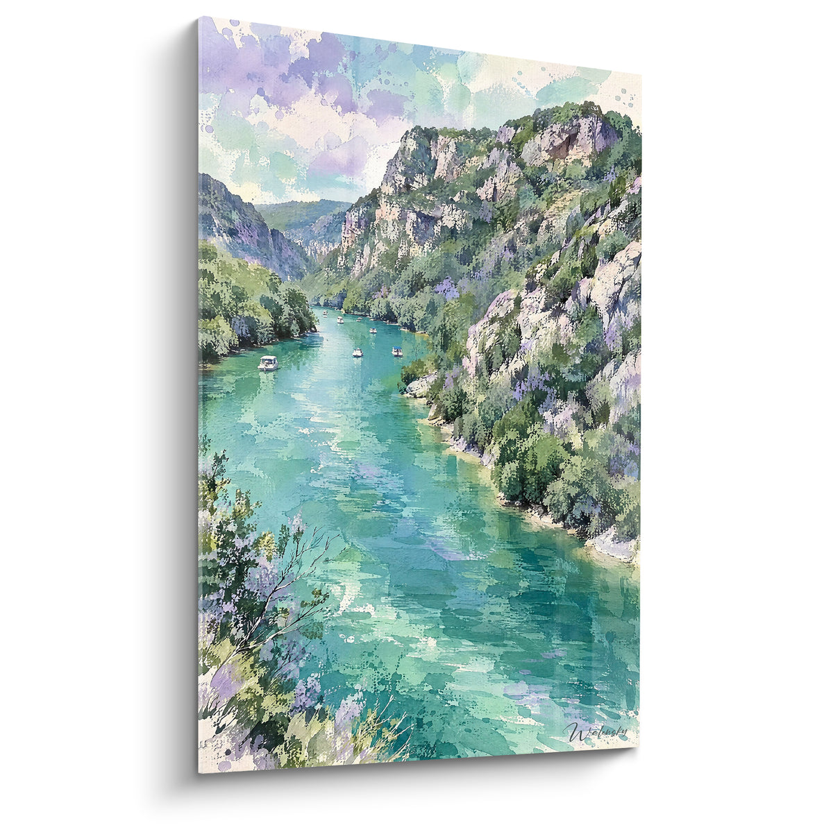 Canyon turquoise et falaises calcaires peints en aquarelle, barques blanches sur l'eau émeraude
