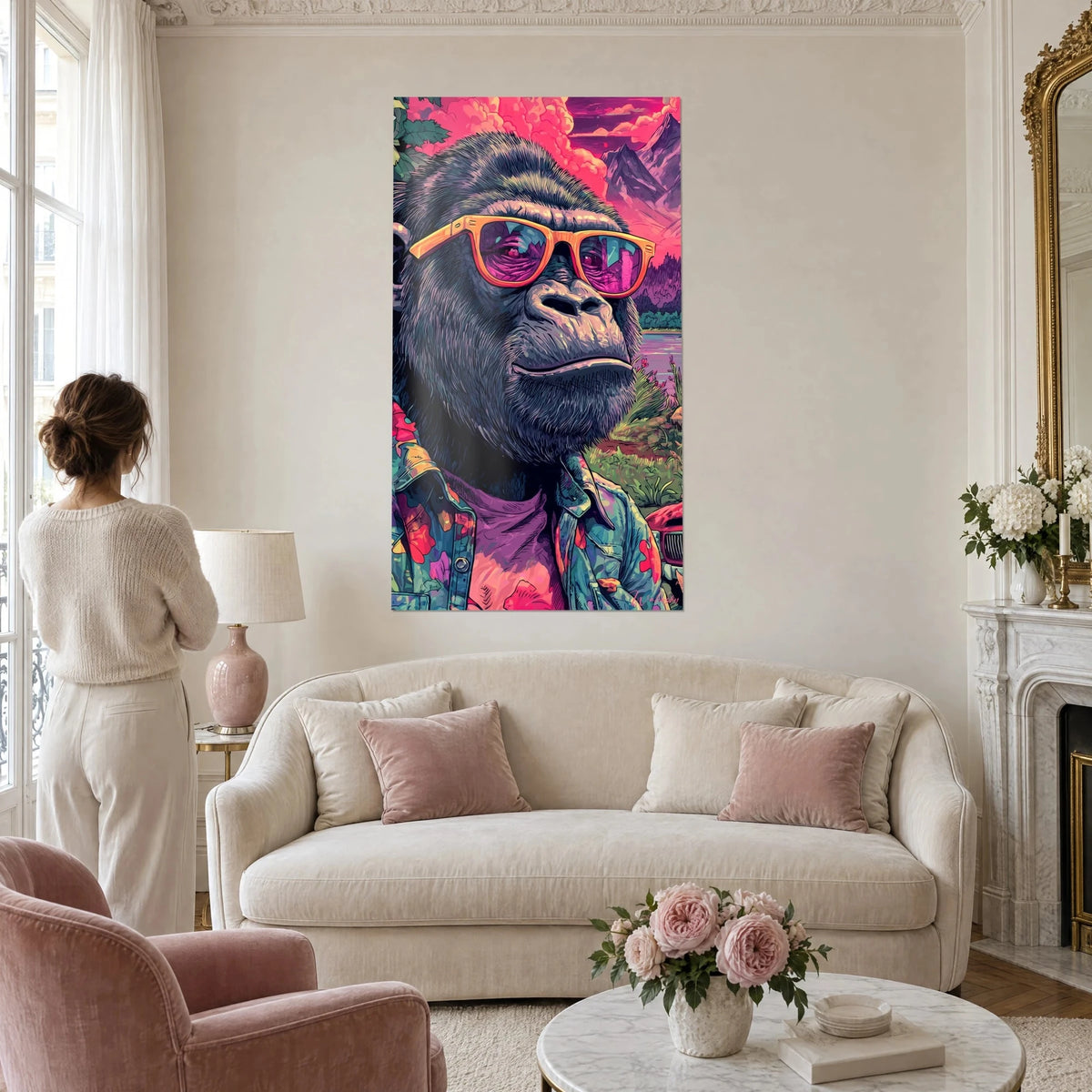 Tableau gorille hipster à lunettes orange sur ciel rose et montagnes violettes, femme de dos, au-dessus d'un canapé dans un salon lumineux