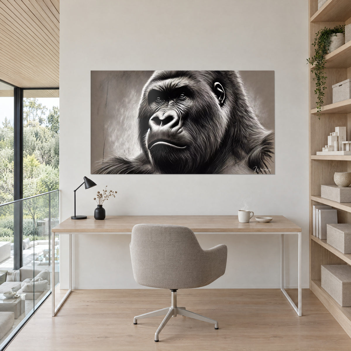 Cuadro rostro poderoso de gorila, arrugas esculpidas en blanco y negro sobre fondo arena, colgado encima de un escritorio de madera clara